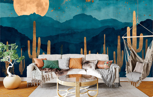 Starry Night Desert Cactus Wallpaper – lifestyle view, Golden Era Walls