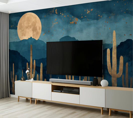 Starry Night Desert Cactus Wallpaper – peel and stick wallpaper mural, Golden Era Walls