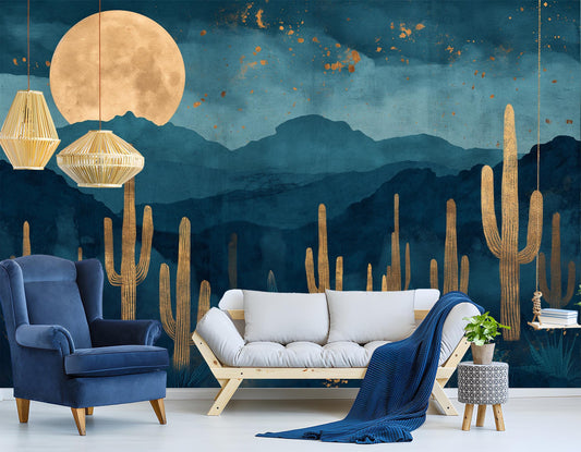 Starry Night Desert Cactus Wallpaper – detail view, Golden Era Walls