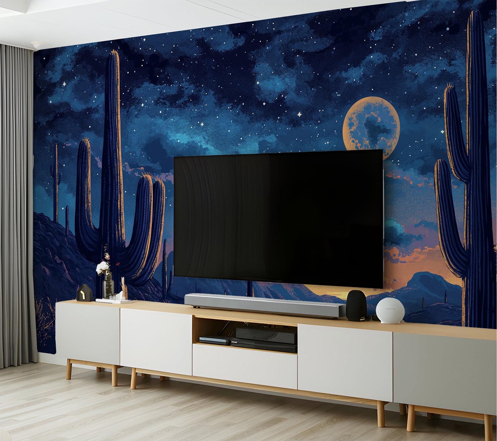 Southwestern Desert Night Saguaro Wallpaper – detail view, Golden Era Walls