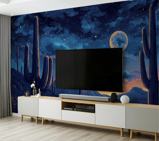 Southwestern Desert Night Saguaro Wallpaper – detail view, Golden Era Walls