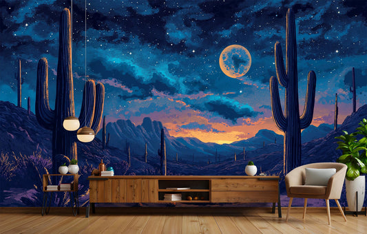 Southwestern Desert Night Saguaro Wallpaper – peel and stick wallpaper mural, Golden Era Walls