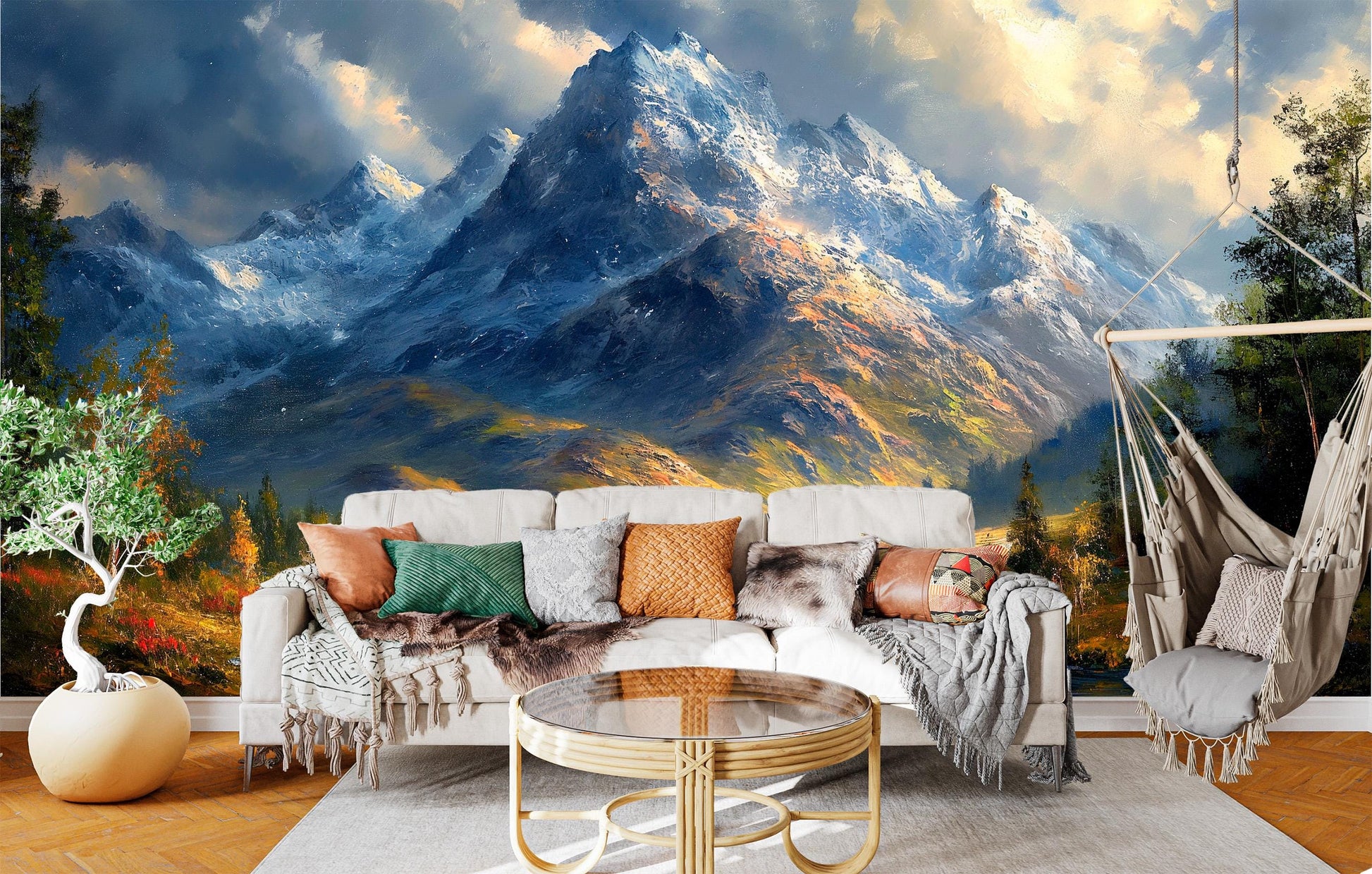 Snowy Mountain River Landscape Wallpaper – peel and stick wallpaper mural, Golden Era Walls