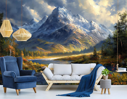 Snowy Mountain River Landscape Wallpaper – lifestyle view, Golden Era Walls