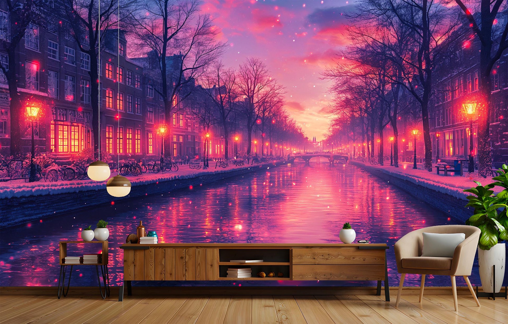Snowy Canal Cityscape Winter Coastal Wallpaper – lifestyle view, Golden Era Walls