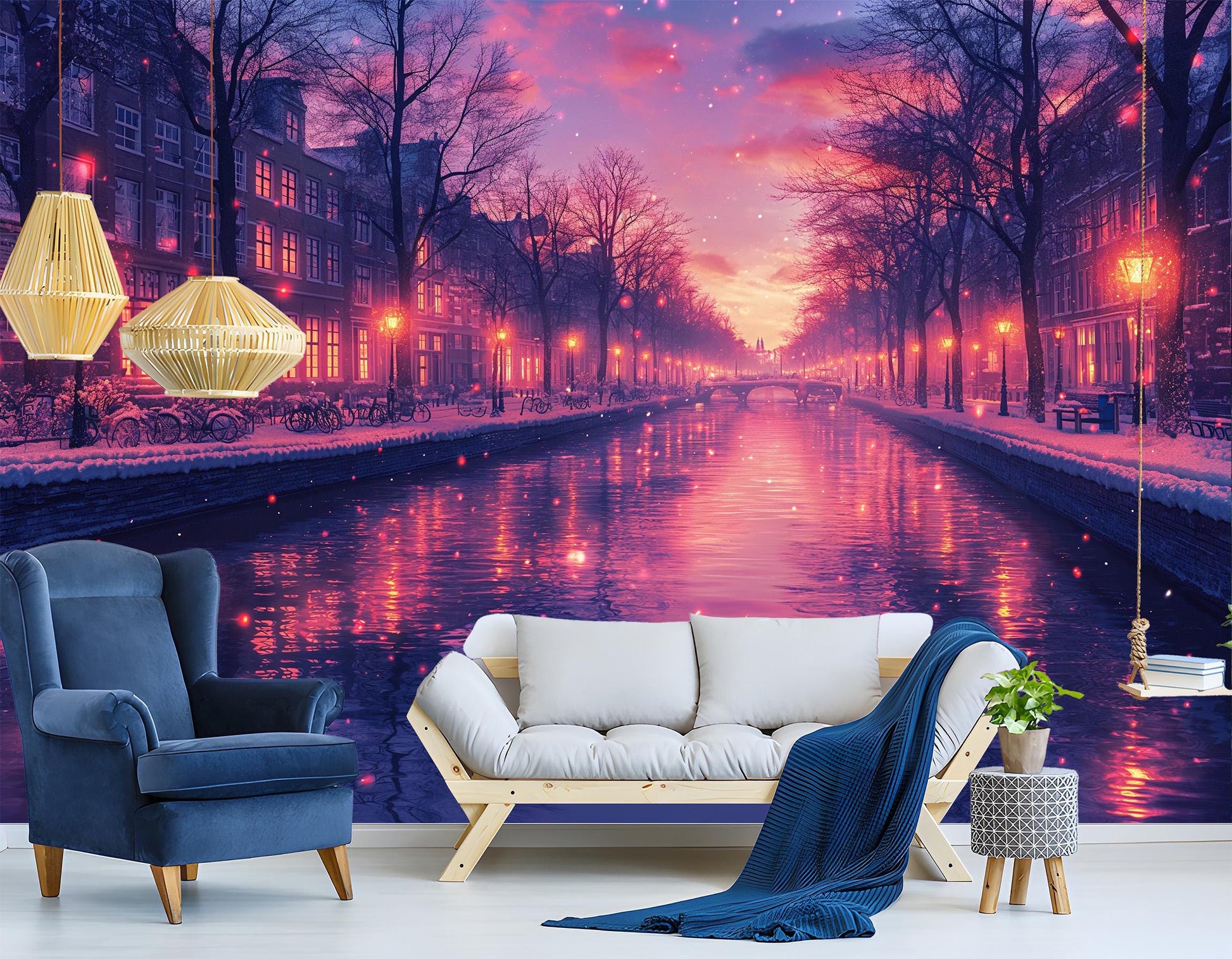 Snowy Canal Cityscape Winter Coastal Wallpaper – room setting, Golden Era Walls