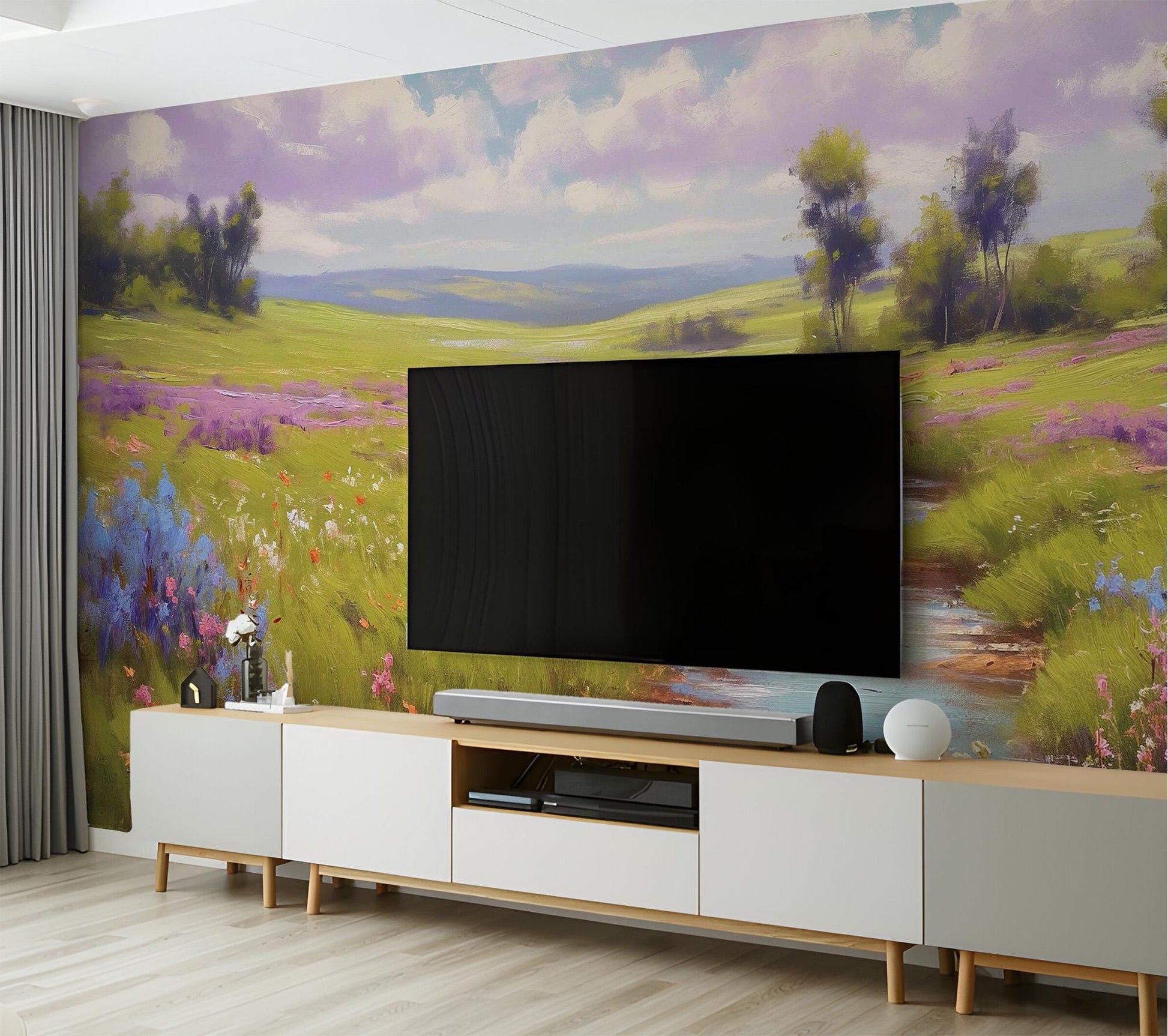 Serene Spring Meadow Wildflowers Floral Wallpaper – detail view, Golden Era Walls