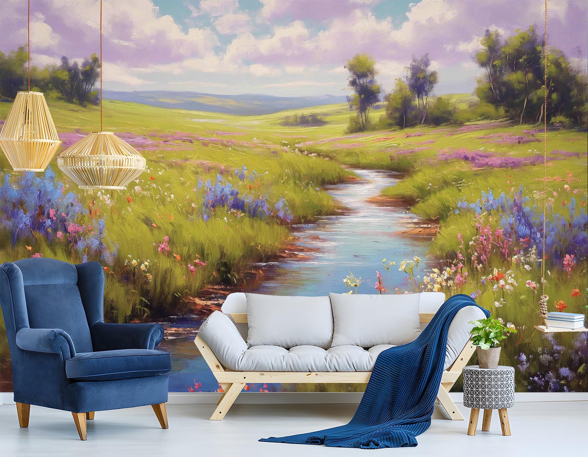 Serene Spring Meadow Wildflowers Floral Wallpaper – lifestyle view, Golden Era Walls