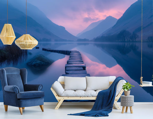 Serene Mountain Lake Tranquil Wallpaper – peel and stick wallpaper mural, Golden Era Walls
