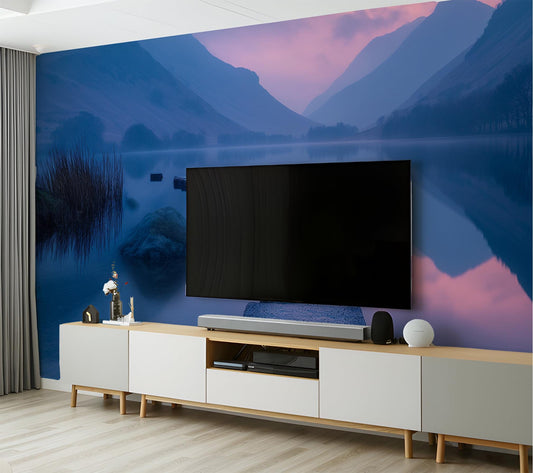 Serene Mountain Lake Tranquil Wallpaper – detail view, Golden Era Walls