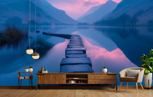 Serene Mountain Lake Tranquil Wallpaper – lifestyle view, Golden Era Walls