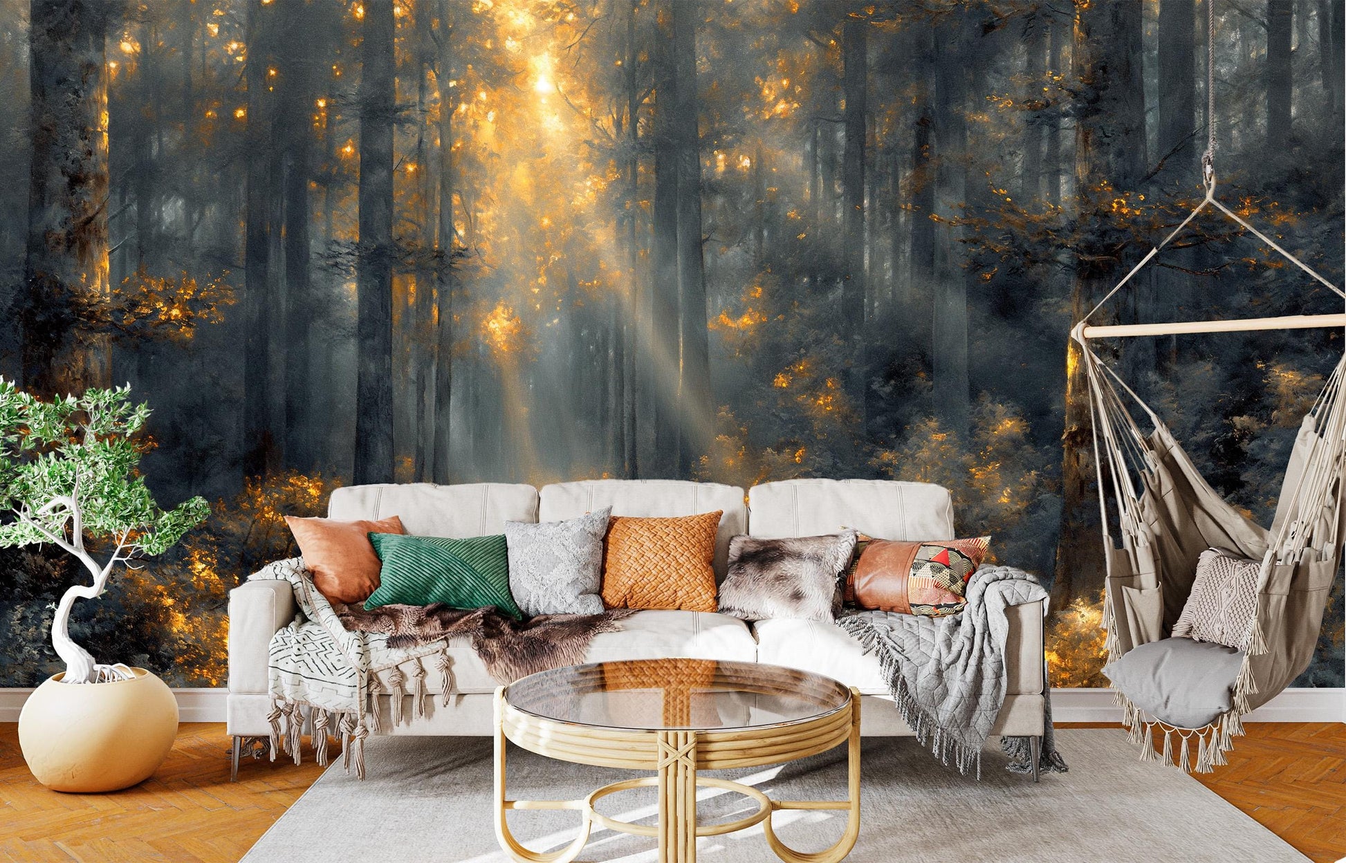 Serene Spring Meadow Wildflowers Floral Wallpaper – room setting, Golden Era Walls
