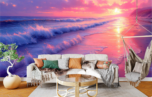 Serene Beach Sunset Ocean Coastal Wallpaper – peel and stick wallpaper mural, Golden Era Walls