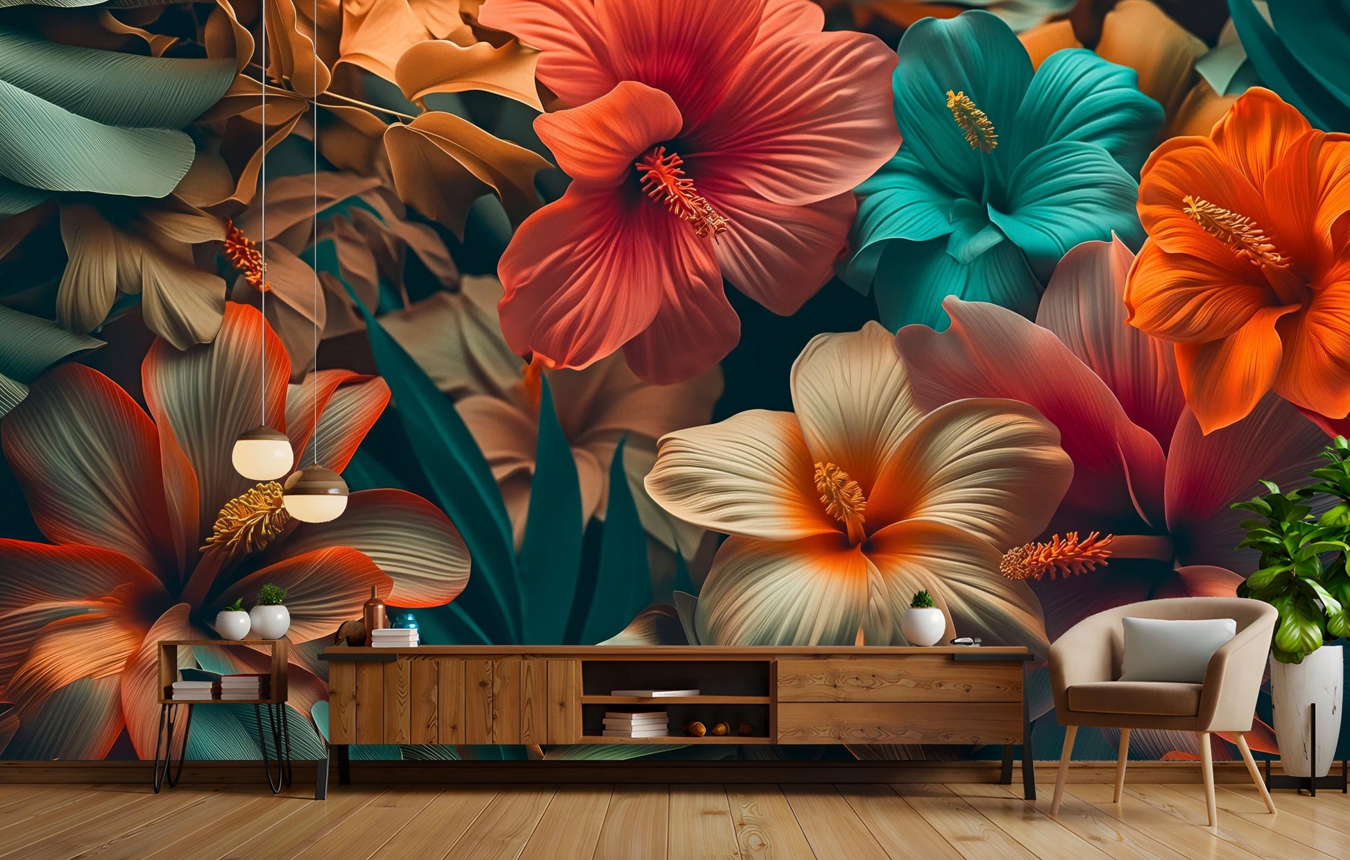 Self Adhesive Floral Tropical Floral Wallpaper – lifestyle view, Golden Era Walls