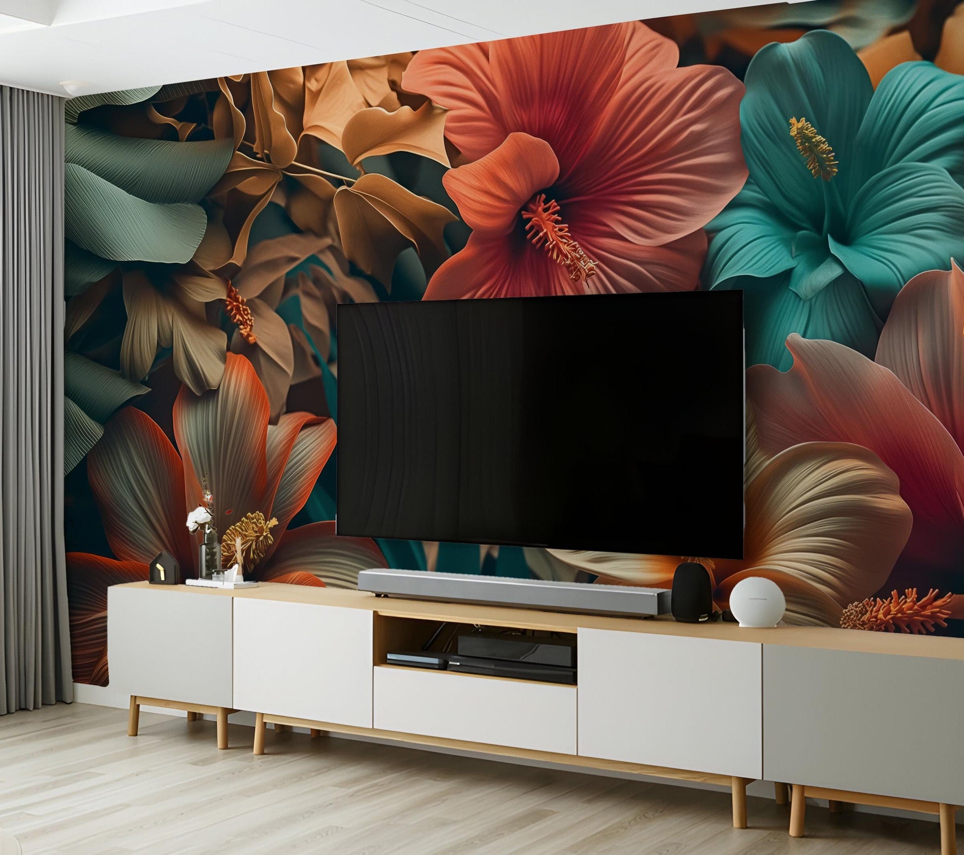 Self Adhesive Floral Tropical Floral Wallpaper – detail view, Golden Era Walls