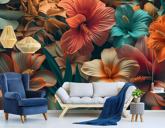 Self Adhesive Floral Tropical Floral Wallpaper – room setting, Golden Era Walls