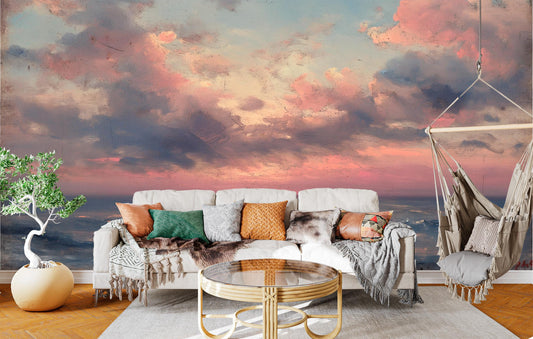 Pink Sunset Over Ocean Coastal Wallpaper – room setting, Golden Era Walls