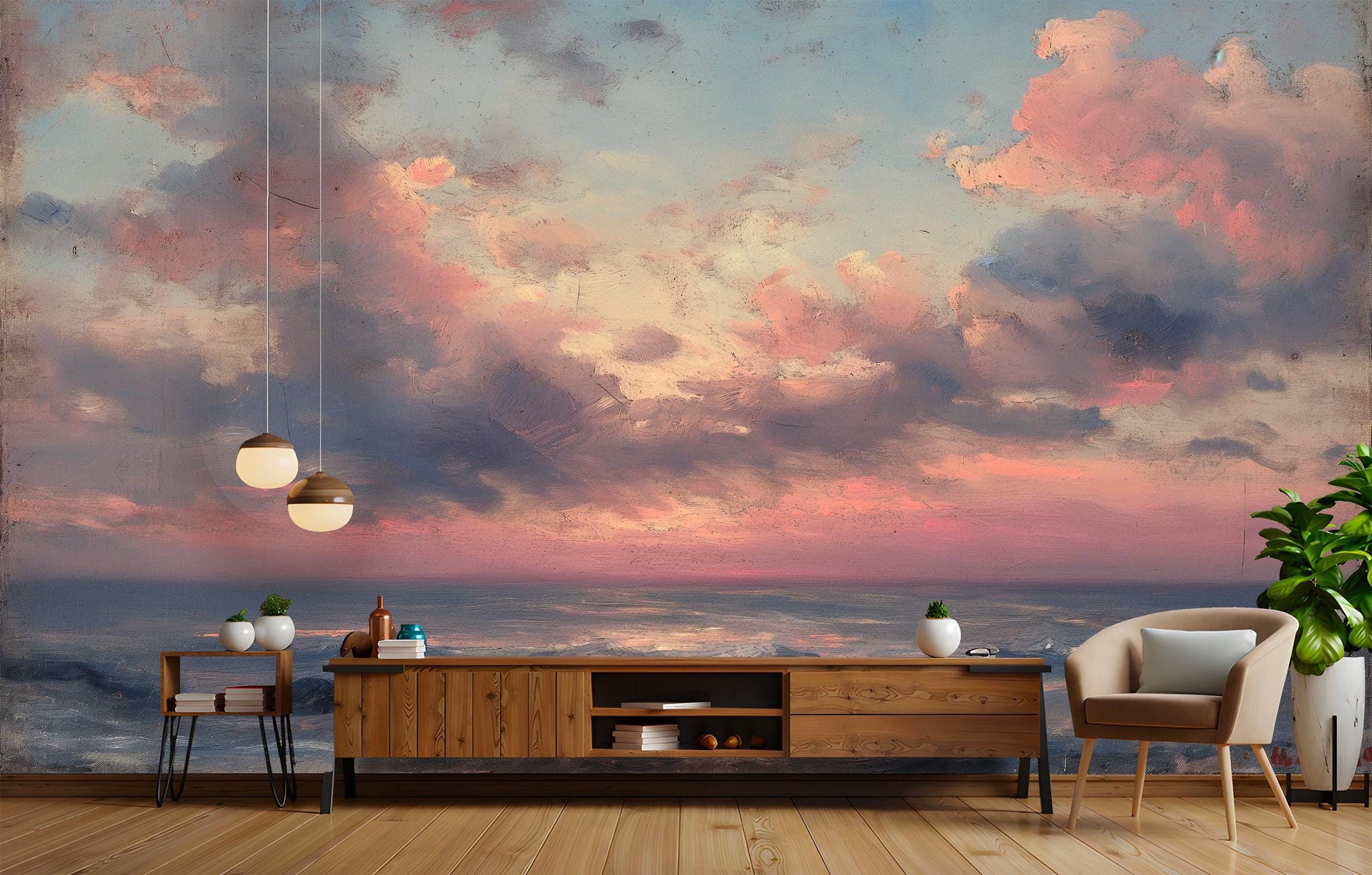 Pink Sunset Over Ocean Coastal Wallpaper – peel and stick wallpaper mural, Golden Era Walls