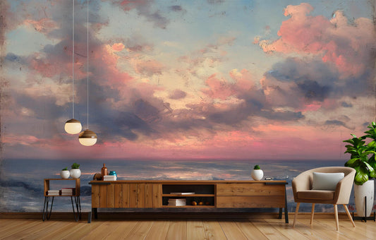 Pink Sunset Over Ocean Coastal Wallpaper – peel and stick wallpaper mural, Golden Era Walls