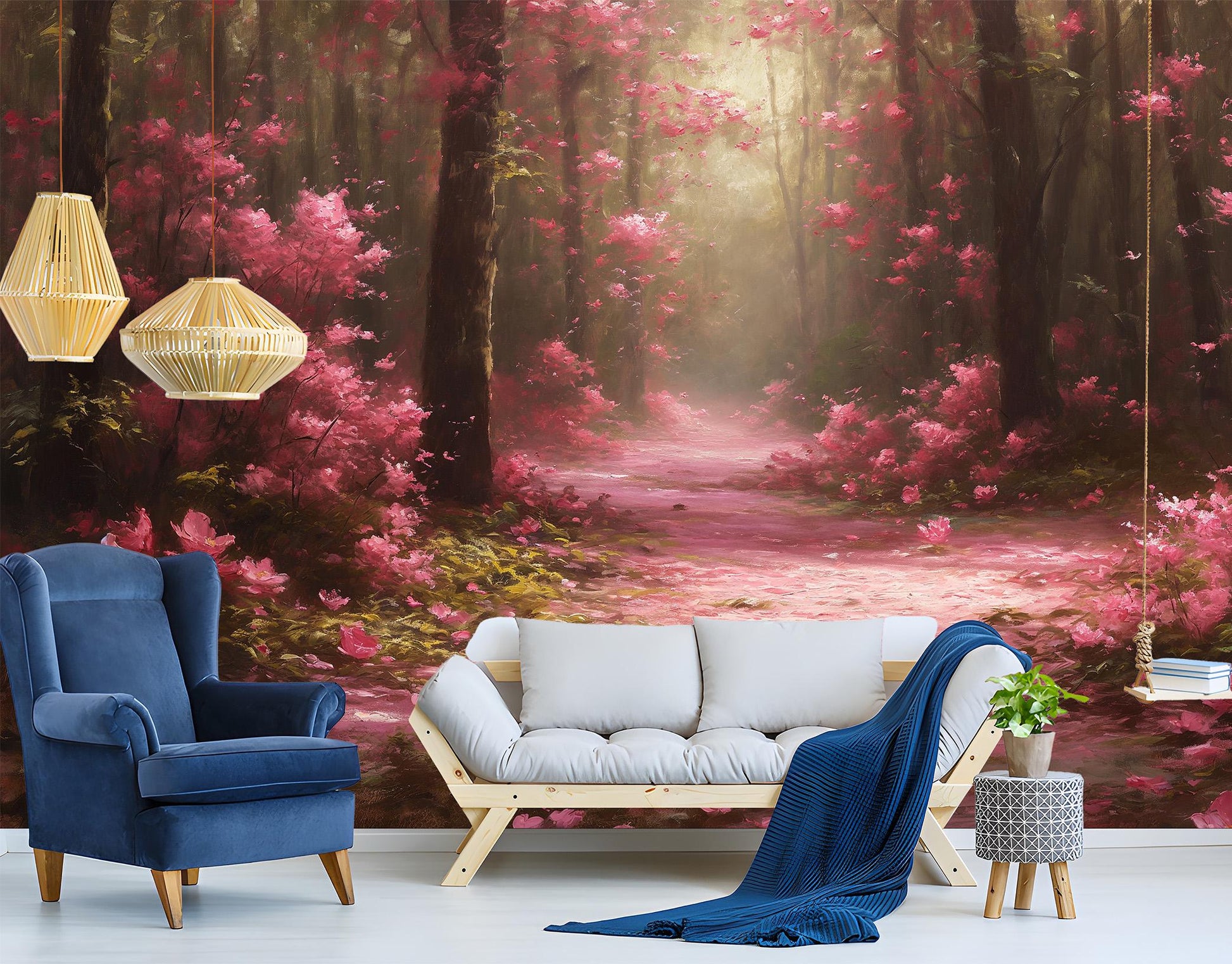Pink Forest Blooming Flower Floral Wallpaper – room setting, Golden Era Walls
