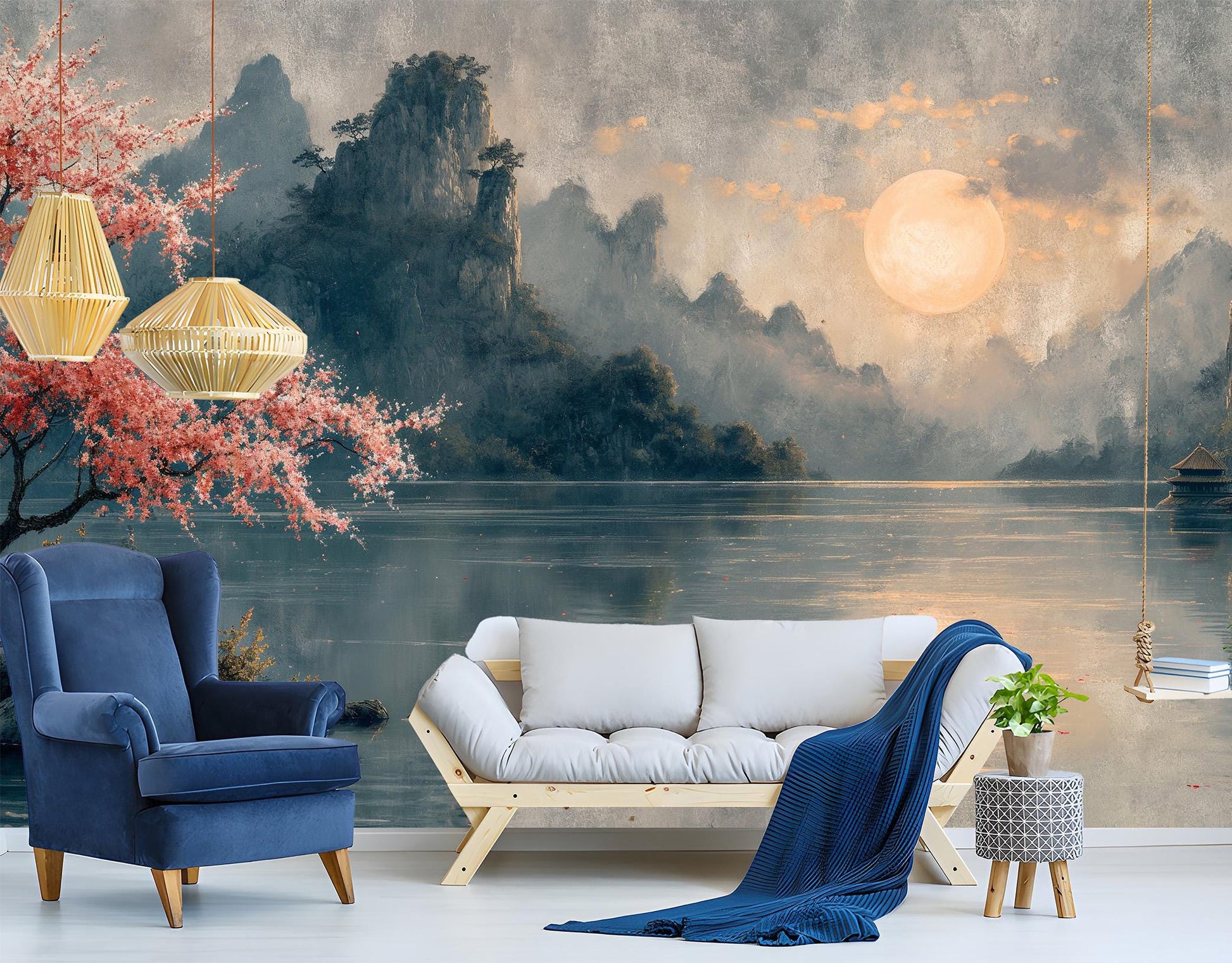 Asian Landscape Serene Mountains Floral Wallpaper – lifestyle view, Golden Era Walls
