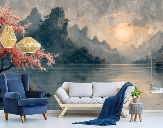 Asian Landscape Serene Mountains Floral Wallpaper – lifestyle view, Golden Era Walls