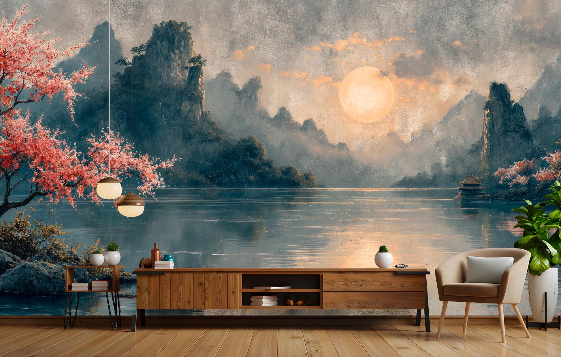 Asian Landscape Serene Mountains Floral Wallpaper – room setting, Golden Era Walls