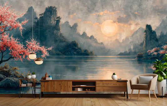 Asian Landscape Serene Mountains Floral Wallpaper – room setting, Golden Era Walls