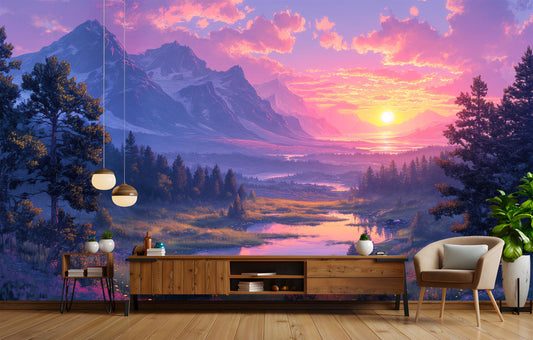 Panoramic Mountain Landscape Wilderness Wallpaper – lifestyle view, Golden Era Walls