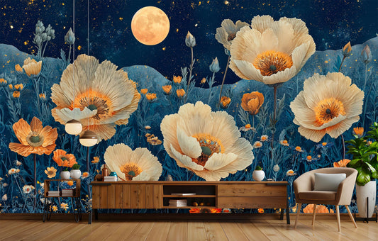 Night Bloom Desert Flowers Floral Wallpaper – lifestyle view, Golden Era Walls