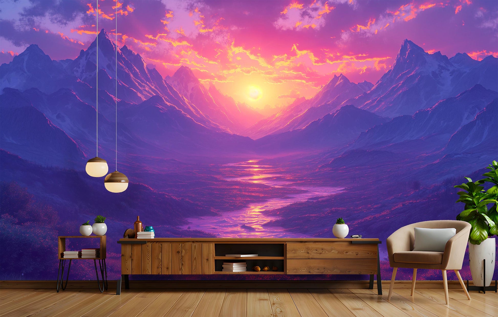 Mountain Sunset Vibrant Landscape Wallpaper – room setting, Golden Era Walls