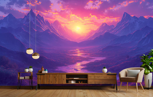 Mountain Sunset Vibrant Landscape Wallpaper – room setting, Golden Era Walls