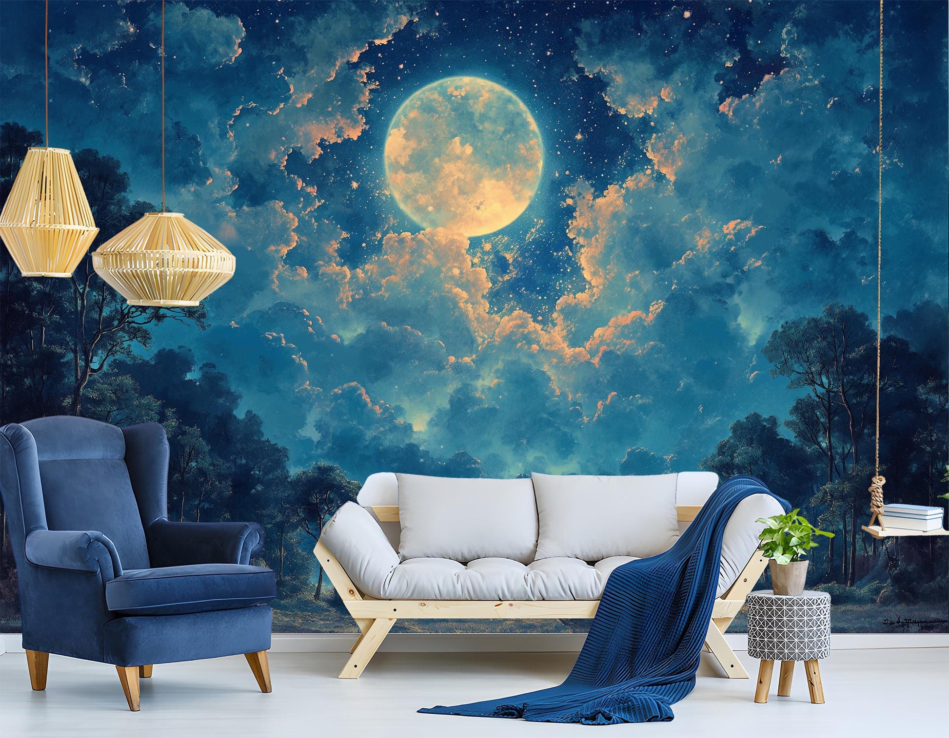 Moonlit Forest Non Woven Wallpaper – peel and stick wallpaper mural, Golden Era Walls
