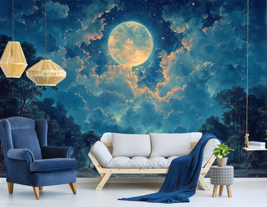 Moonlit Forest Non Woven Wallpaper – peel and stick wallpaper mural, Golden Era Walls