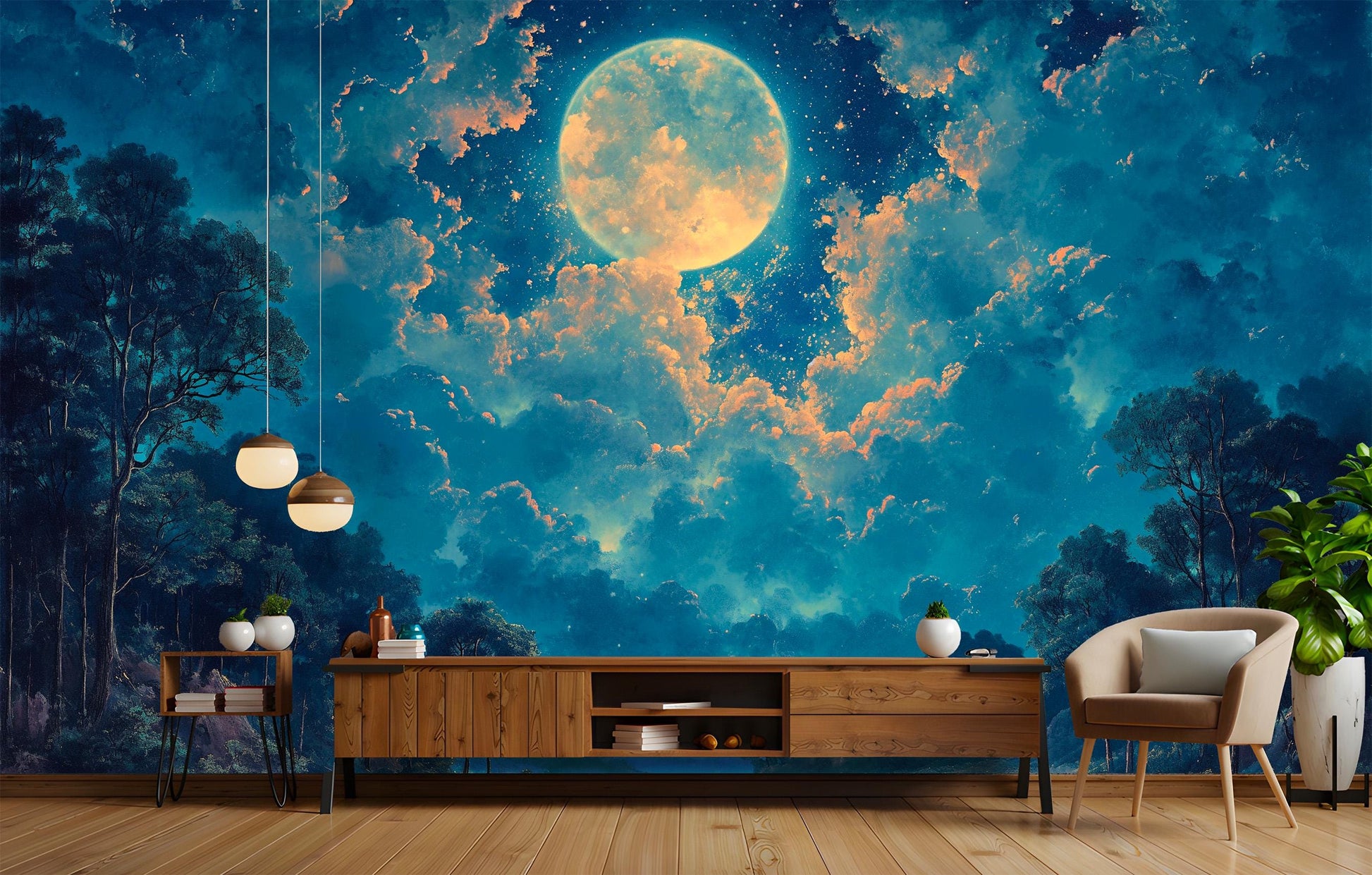 Moonlit Forest Non Woven Wallpaper – lifestyle view, Golden Era Walls
