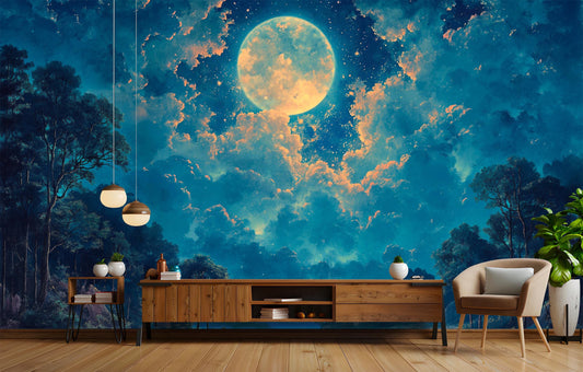 Moonlit Forest Non Woven Wallpaper – lifestyle view, Golden Era Walls