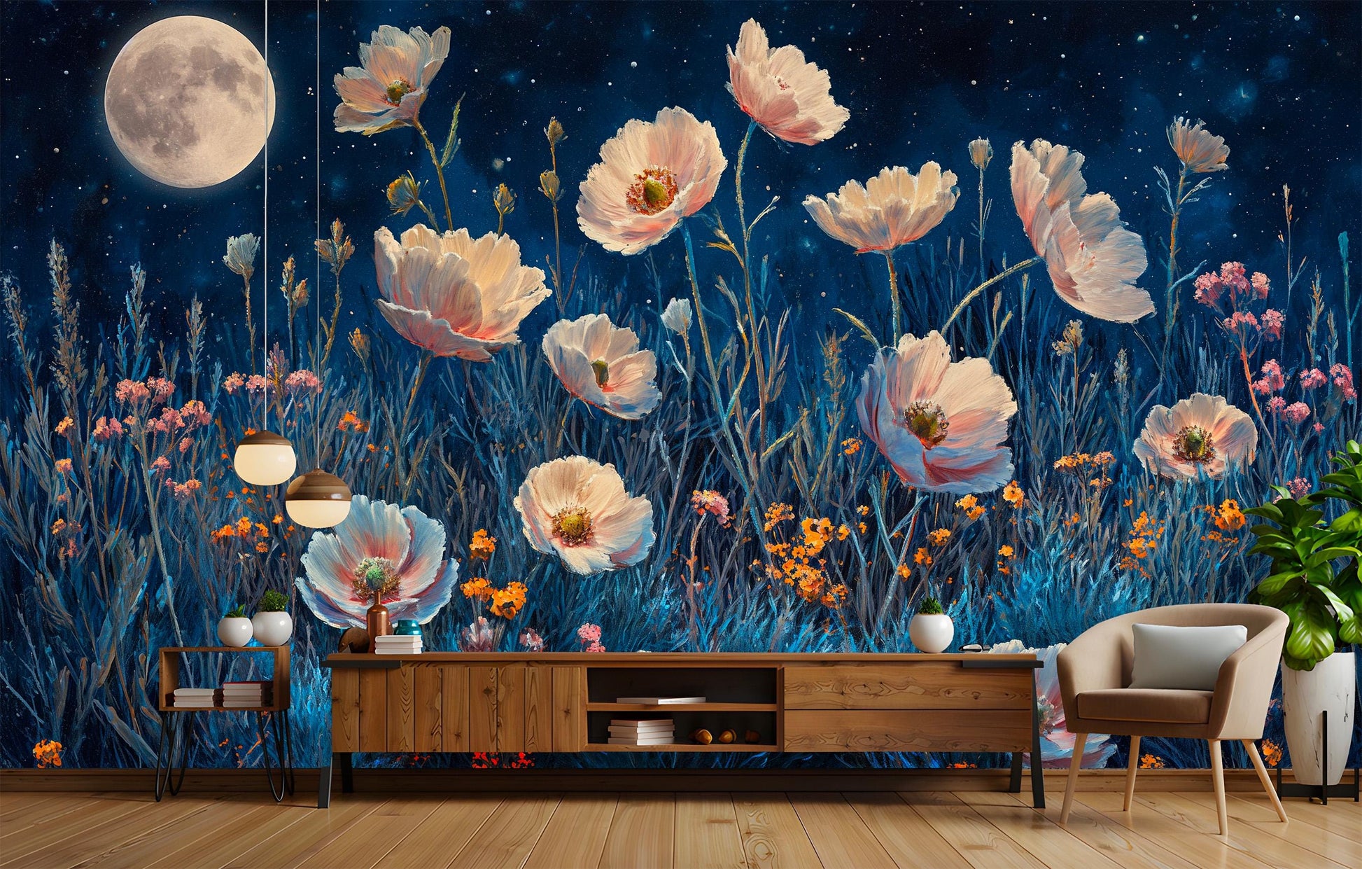 Moonlit Desert Wildflower Starry Floral Wallpaper – room setting, Golden Era Walls
