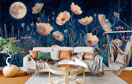 Moonlit Desert Wildflower Starry Floral Wallpaper – lifestyle view, Golden Era Walls