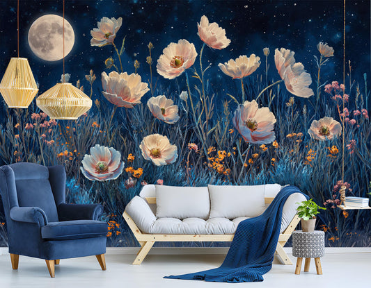 Moonlit Desert Wildflower Starry Floral Wallpaper – peel and stick wallpaper mural, Golden Era Walls