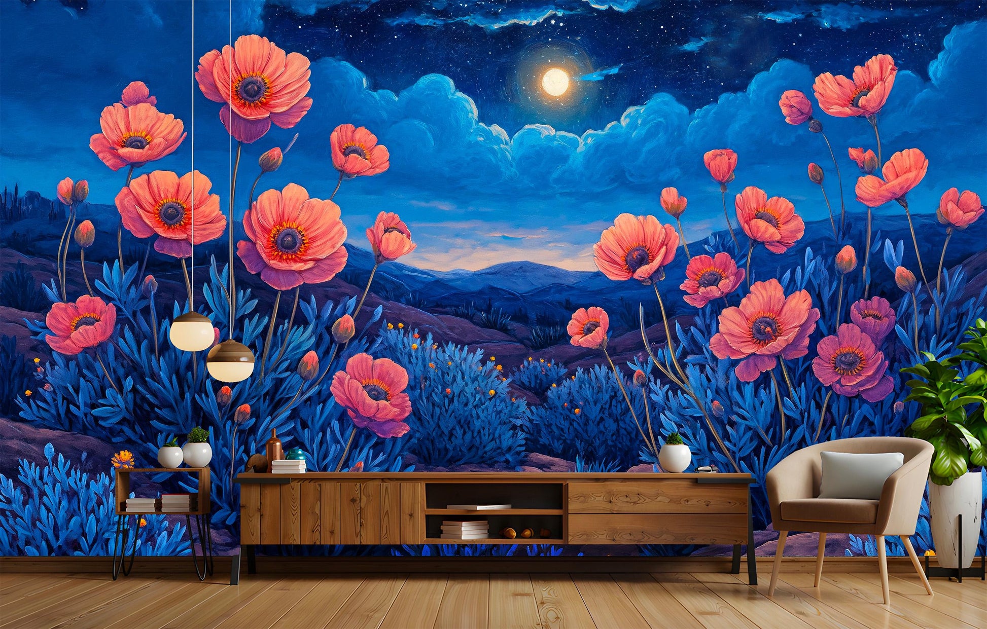 Moonlit Desert Flowers Non Floral Wallpaper – room setting, Golden Era Walls