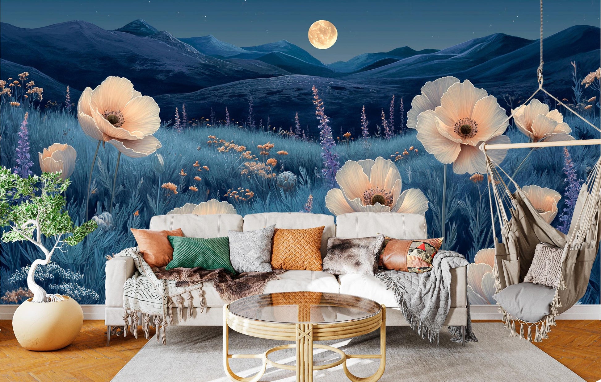 Moonlit Desert Bloom Non Floral Wallpaper – lifestyle view, Golden Era Walls