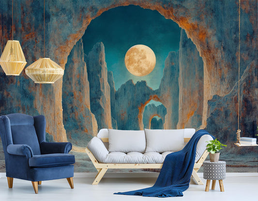 Moonlit Canyon Arches Surreal Wallpaper – detail view, Golden Era Walls