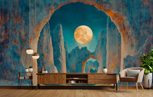 Moonlit Canyon Arches Surreal Wallpaper – peel and stick wallpaper mural, Golden Era Walls