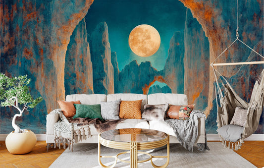 Moonlit Canyon Arches Surreal Wallpaper – lifestyle view, Golden Era Walls