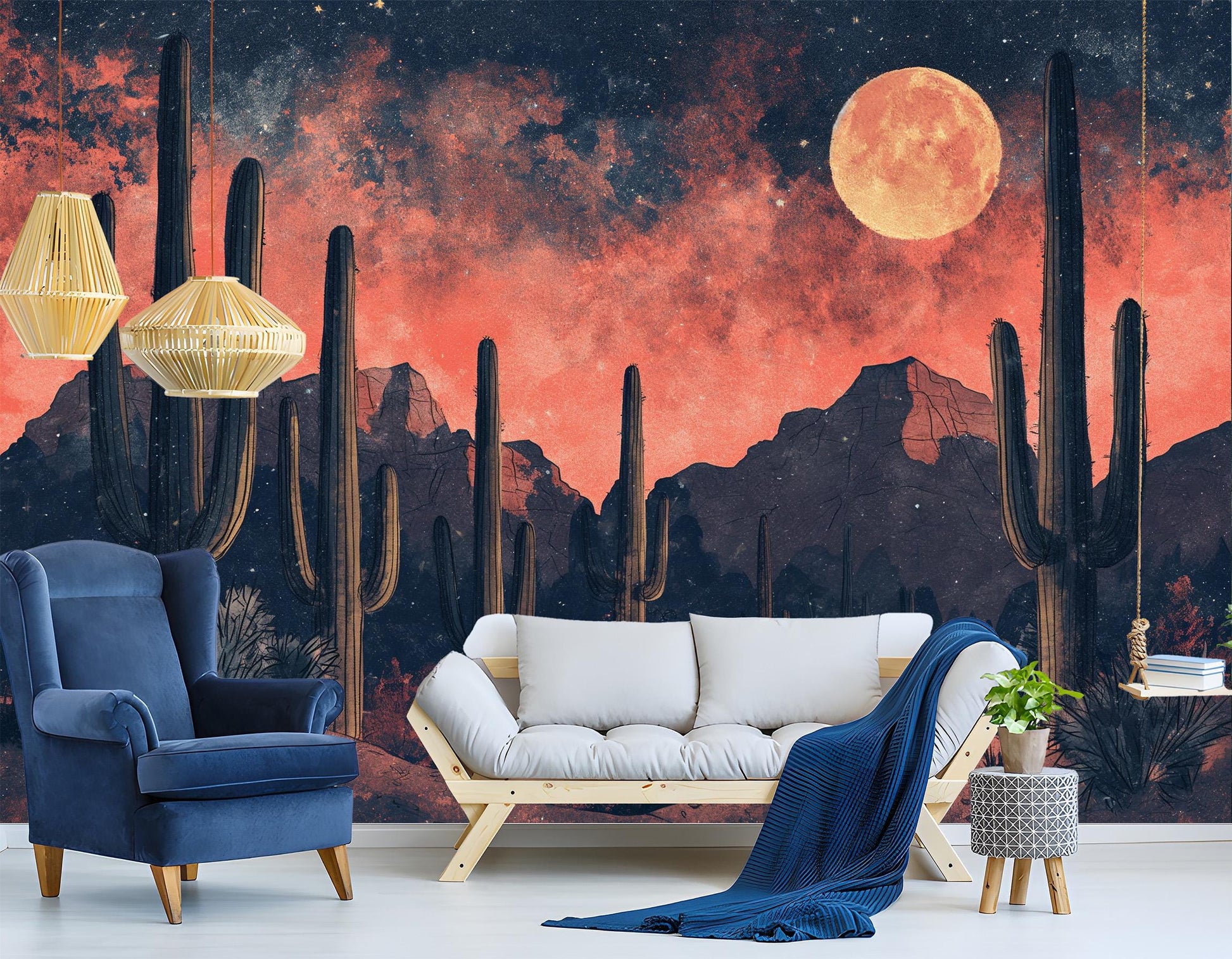 Moonlit Cactus Desert Featuring Wallpaper – lifestyle view, Golden Era Walls