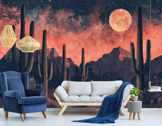Moonlit Cactus Desert Featuring Wallpaper – lifestyle view, Golden Era Walls