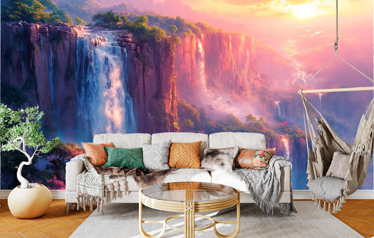 Misty Mountain Waterfall Non Coastal Wallpaper – room setting, Golden Era Walls