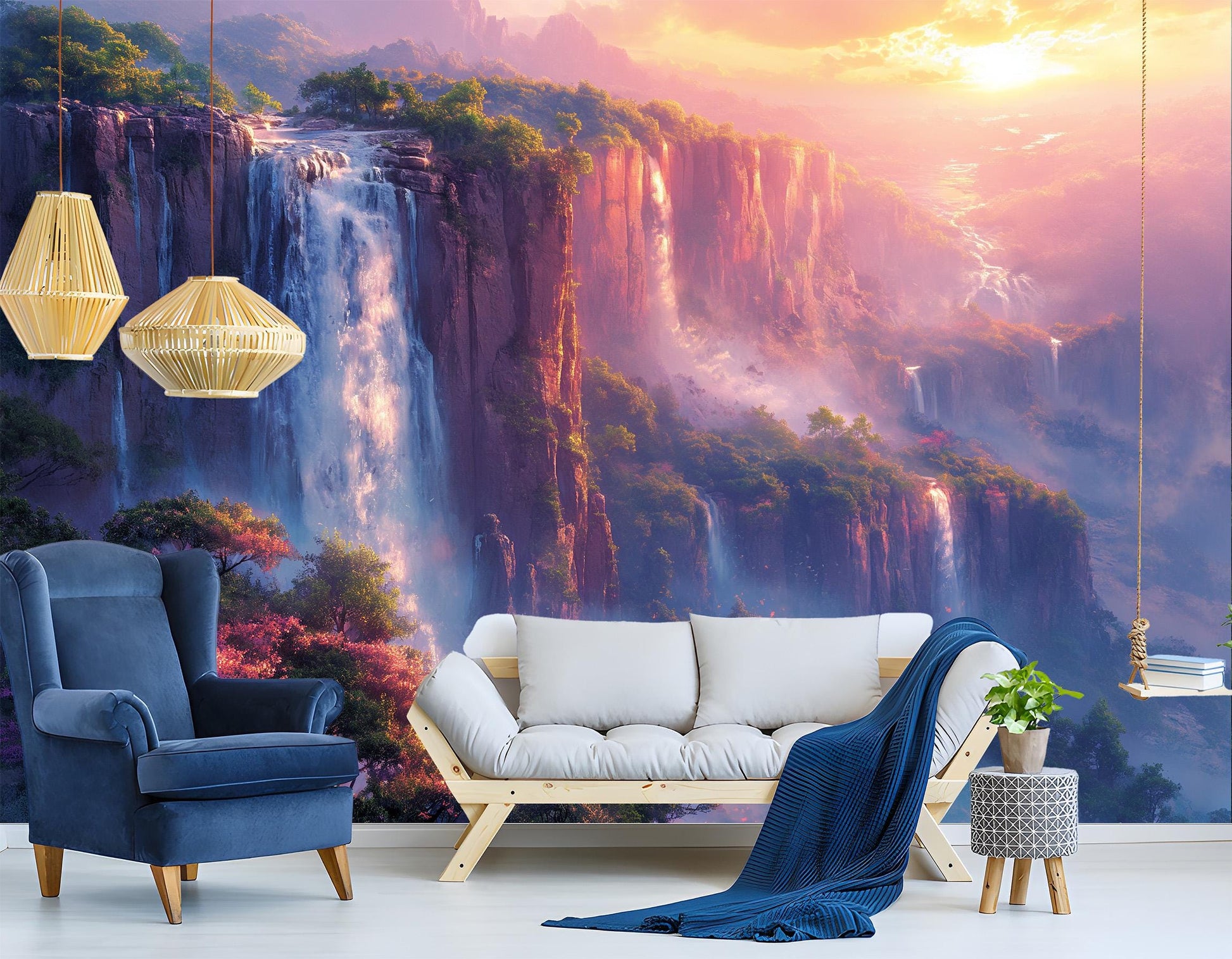Misty Mountain Waterfall Non Coastal Wallpaper – lifestyle view, Golden Era Walls