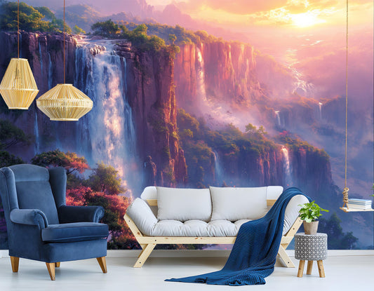 Misty Mountain Waterfall Non Coastal Wallpaper – lifestyle view, Golden Era Walls