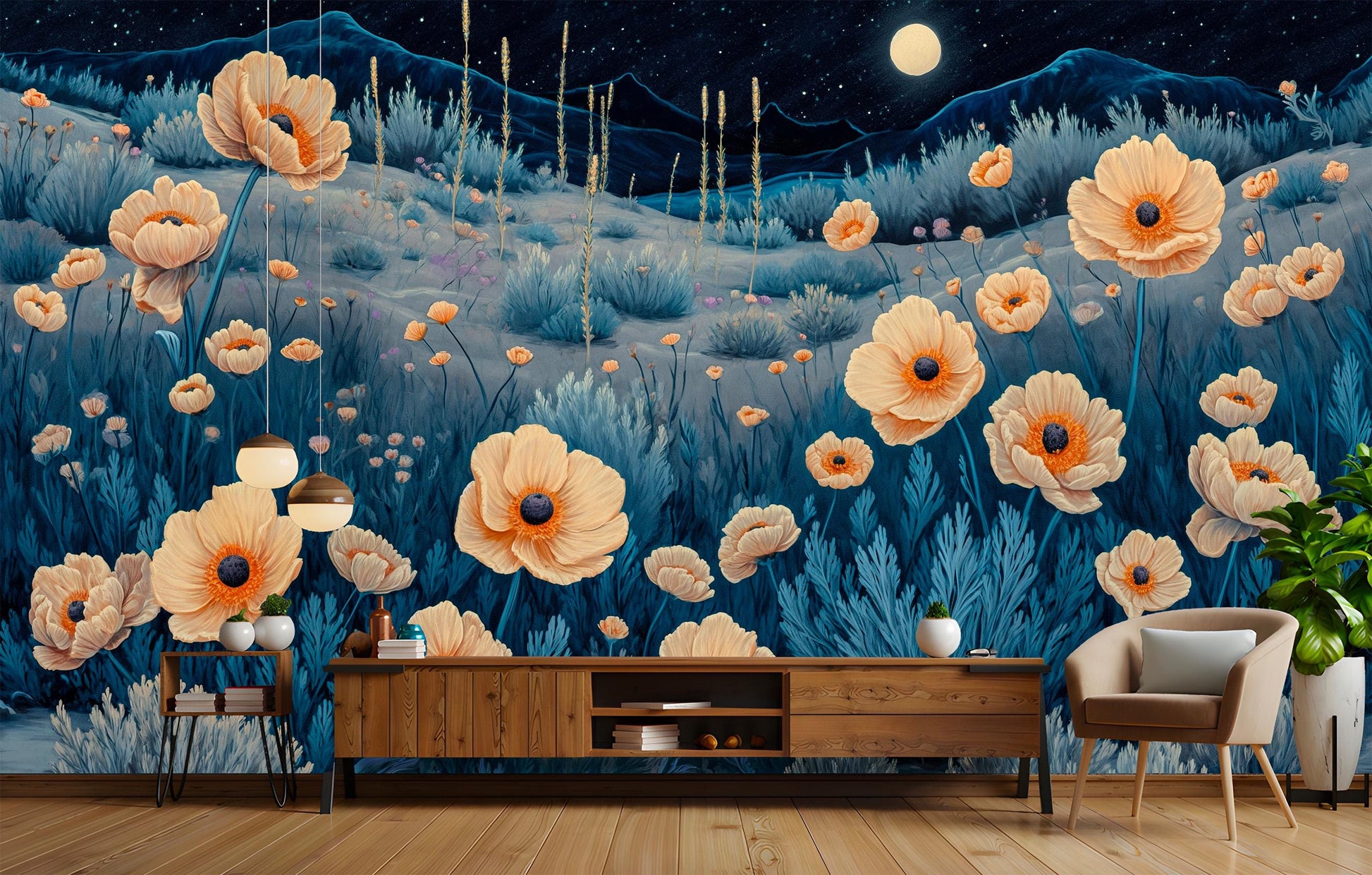 Midnight Desert Blooms Non Floral Wallpaper – peel and stick wallpaper mural, Golden Era Walls
